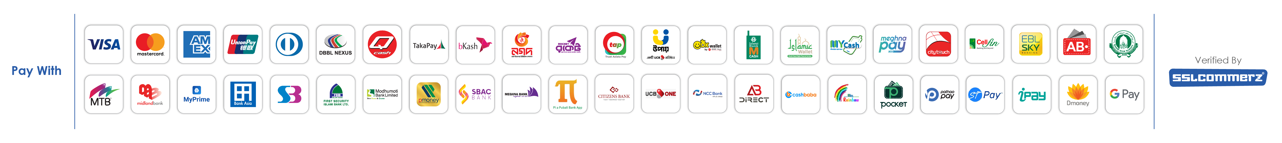 SSLCommerz accepted payment methods: Visa, Mastercard, Amex, UnionPay, DBBL Nexus, bKash, Nagad, Rocket, Upay, and partner banks
